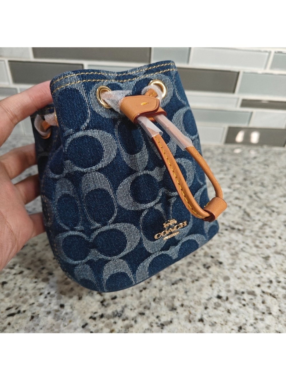 Coach Navy Signature Canvas Drawstring Bucket Bag with Tan Leather & Gold Chain